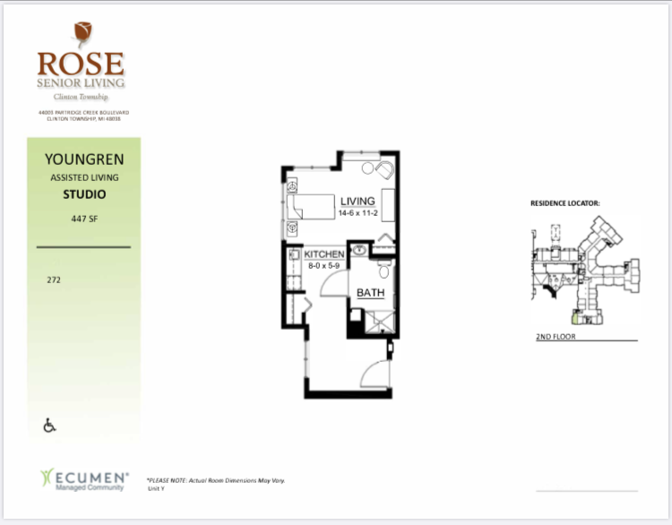 AL - Youngren Studio One Bath Floor Plan AL - Youngren Studio One Bath Floor Plan at Rose Senior Living – Clinton Township, Clinton Township, MI